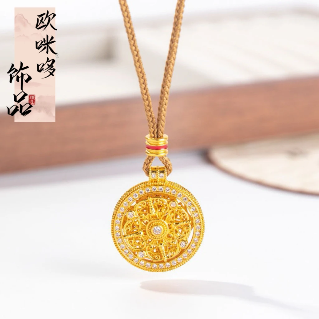 铜合金锦纶吊坠 金店同款镶钻聚福四方金刚杵转动八宝吊坠项链