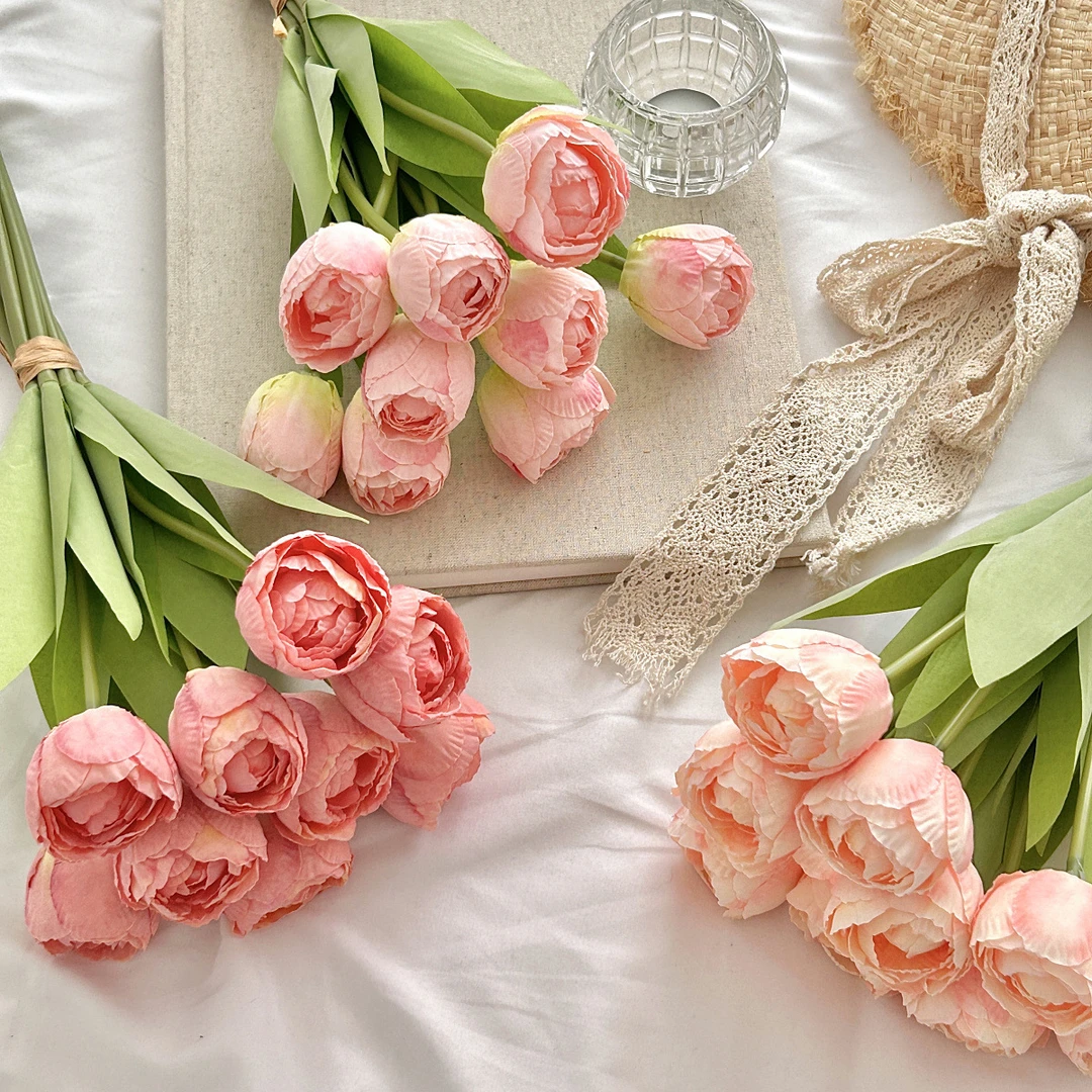 多头郁金香仿真花焦边郁金香手捧花束家居客厅装饰假花拍照道具L