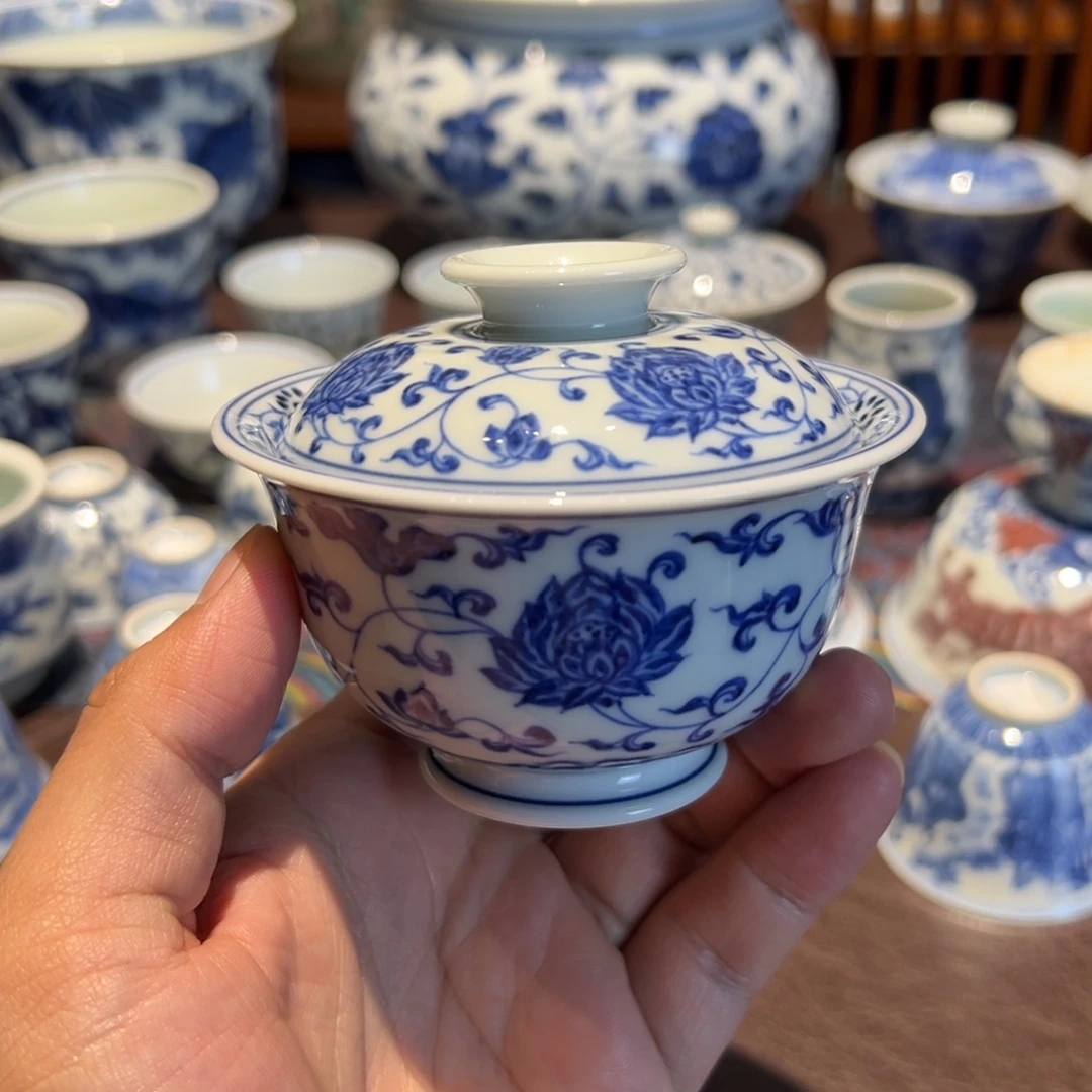 精品青花海水缠枝莲二才盖碗约120毫升