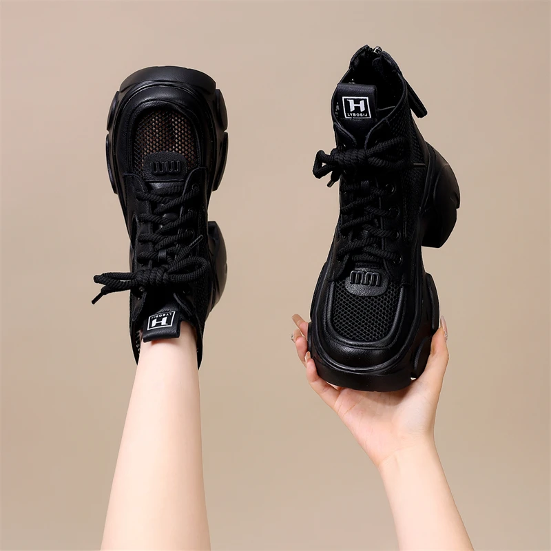 夏季网纱马丁靴女2025新款高跟厚底增高小个子镂空透气网面短靴子