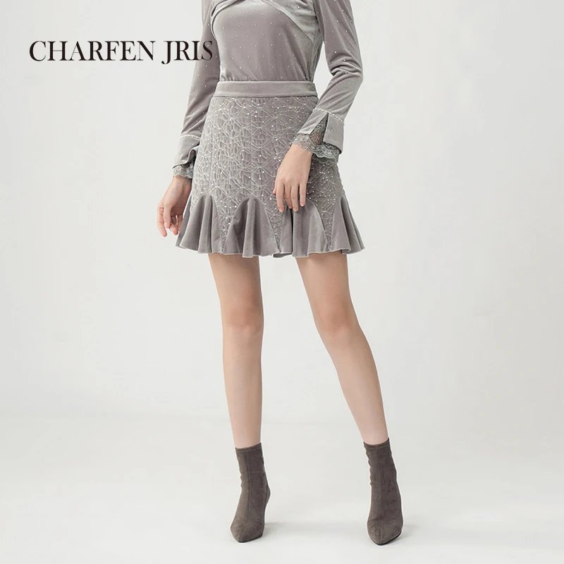 【媛媛专享】朝峰新款高腰显瘦鱼尾丝绒绣花半身裙FJE5D636-6058E