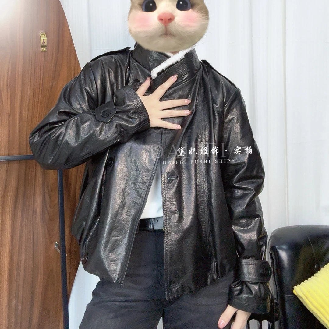 立领夹棉保暖真皮皮衣女2025冬季新款短款休闲宽松冷萃绵羊皮夹克
