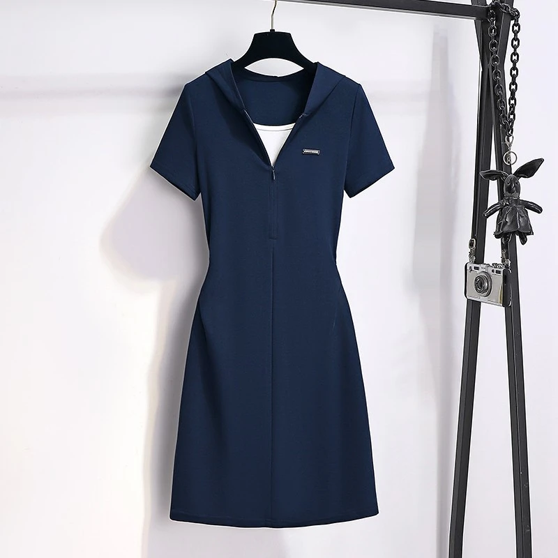 短袖运动休闲连衣裙女夏2025新款假两件小个子收腰显瘦连帽a字裙