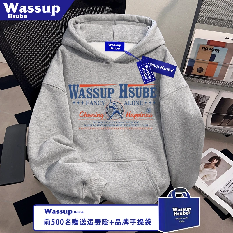 WASSUP HSUBE美式棒球员英文印花男女舒适连帽卫衣秋季浅灰色上衣