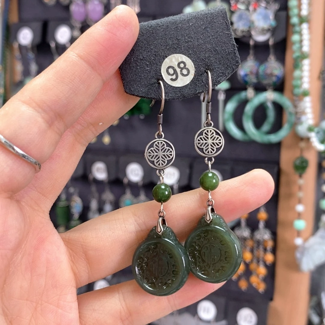 和田玉银S925镶嵌耳饰