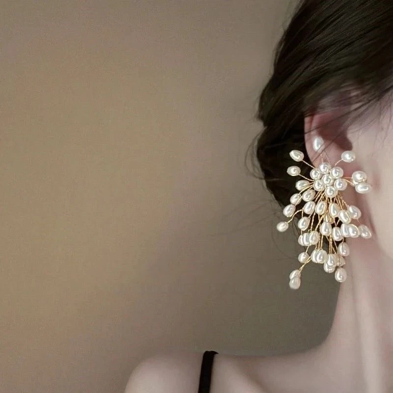 合金耳饰 气质轻奢珍珠耳环满天星925银针显瘦珍珠瀑布长款贵气