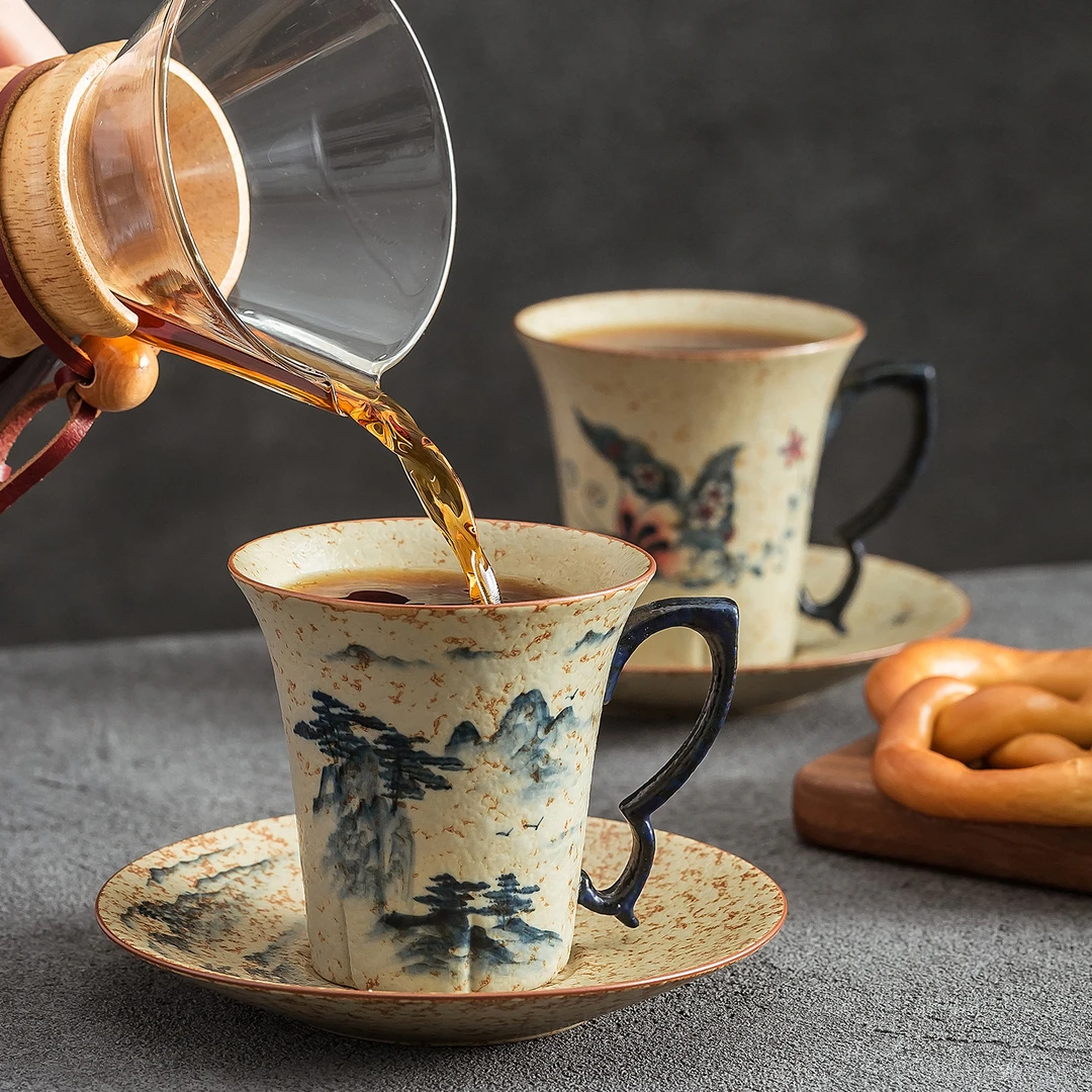 咖啡杯2025新款高级感的精致高颜值手绘复古家用陶瓷杯马克杯茶杯