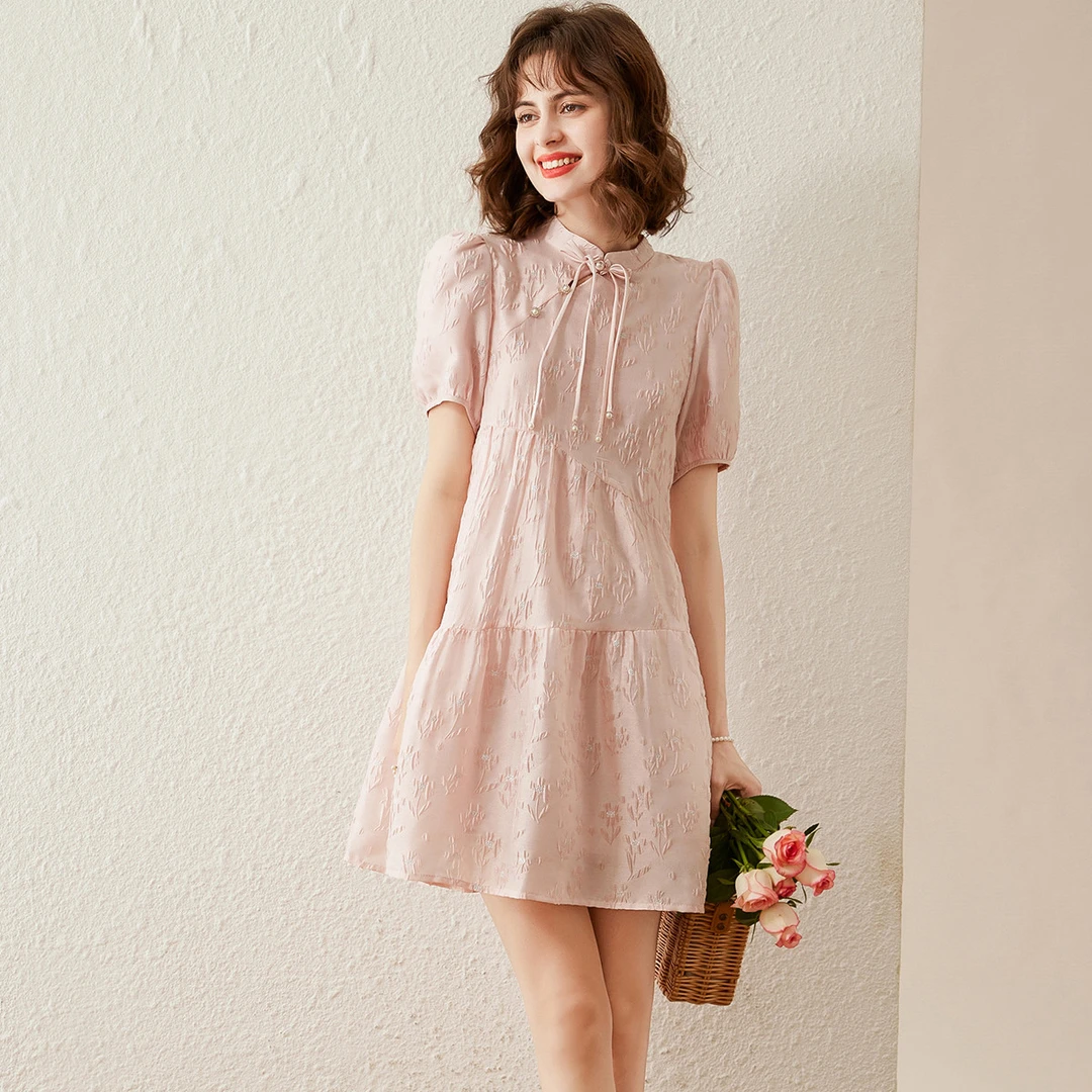 白鹿语夏温柔优雅盘扣斜门襟短袖拼接韵味中式连衣裙HU10141