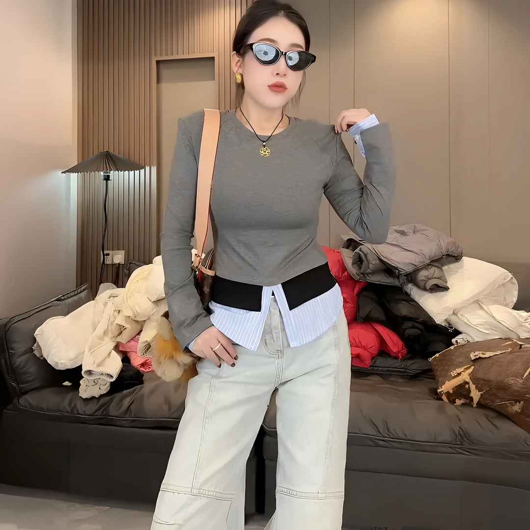 2026新款欧货设计师撞色朋克风拼接时尚显瘦潮长袖修身假两件T恤