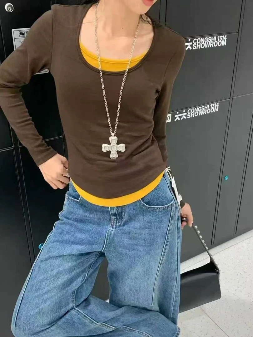 [ W i F i ]99823 u领假两件长袖加绒大码上衣(衣长62)