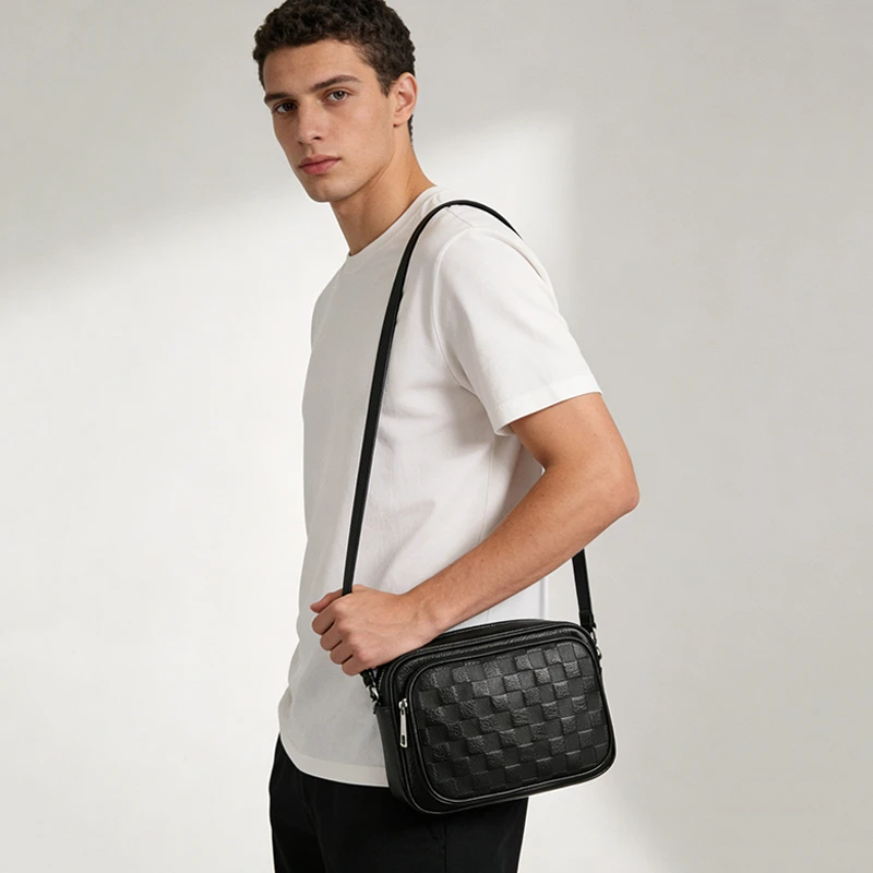 2026新款经典棋盘格水洗包包男肩包方形男士斜挎包男士单肩包格纹