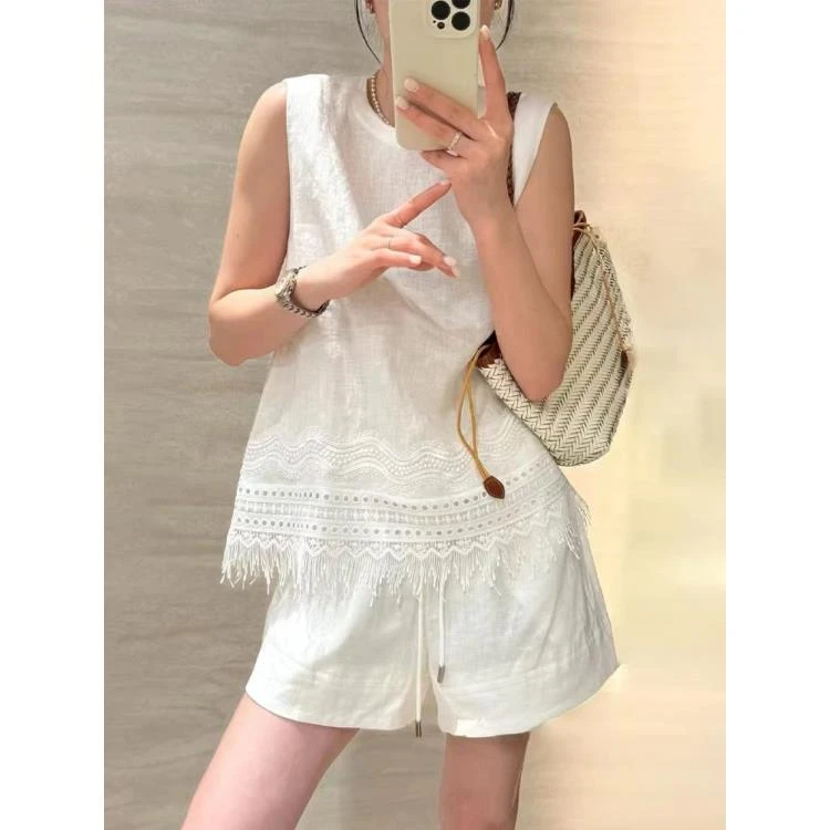 2025夏装新款流苏须须后开叉背心+高腰短裤亚麻套装女819