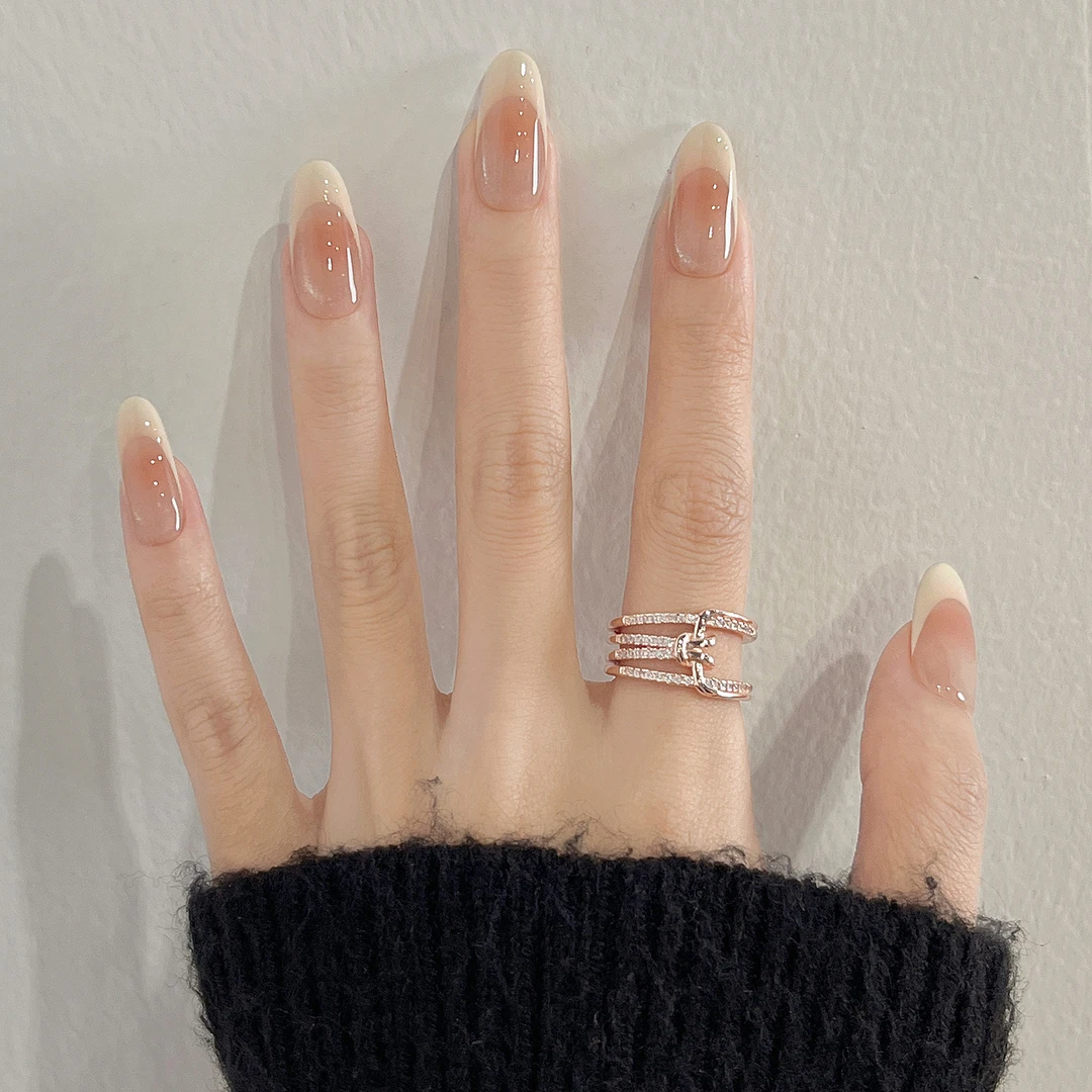 米哩米手工穿戴甲裸色法式猫眼中长款高级感百搭美甲贴片杏粉流光