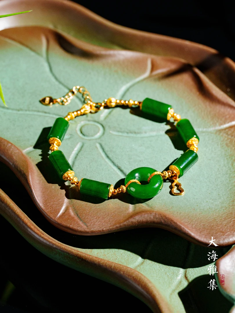 【新人必入】碧玉扣子和田玉碧玉圆柱手链 （925） D4572
