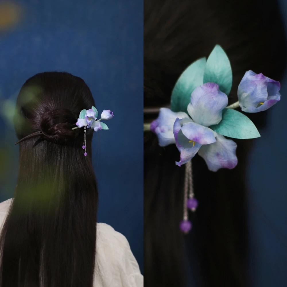 隐木【蓝鸢】非遗桑蚕丝绒花鸢尾温柔浪漫日常发簪