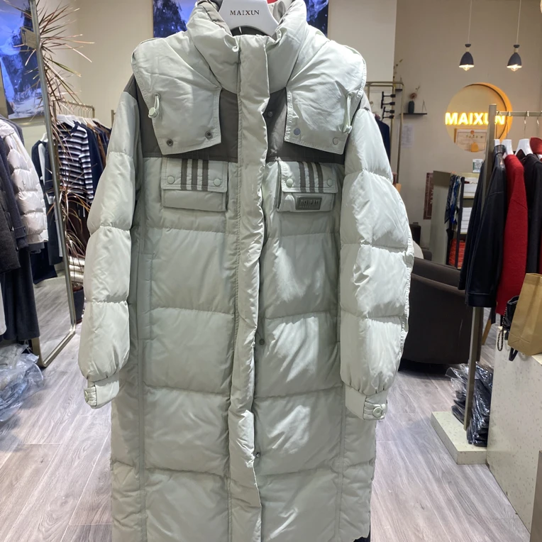 麦寻冬季新款螺旋藻绿色长款连帽清新羽绒服中长款yrllq009