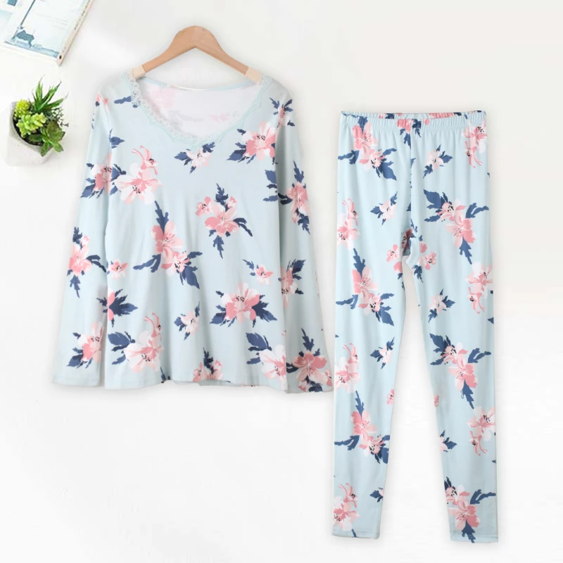 春季全棉女士保暖套装薄款印花秋衣秋裤长袖长裤BB949柔软舒适