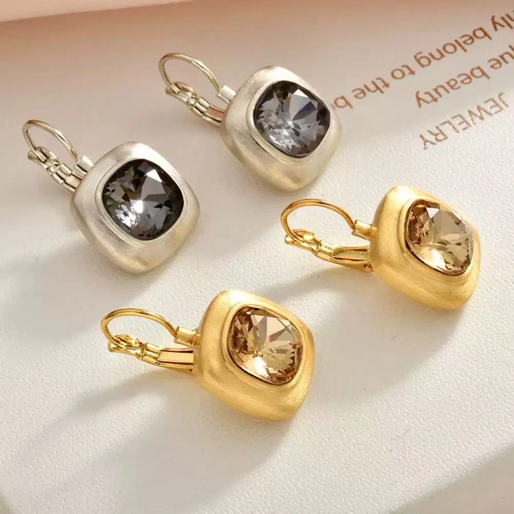 黄铜耳饰 法式复古方块拉丝微镶锆石耳夹轻奢气质时尚高级感耳环