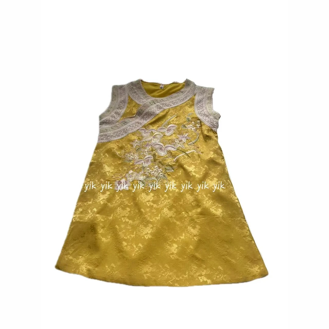 【黄璎】新中式蕾丝斜门禁刺绣缎面提花中长裙