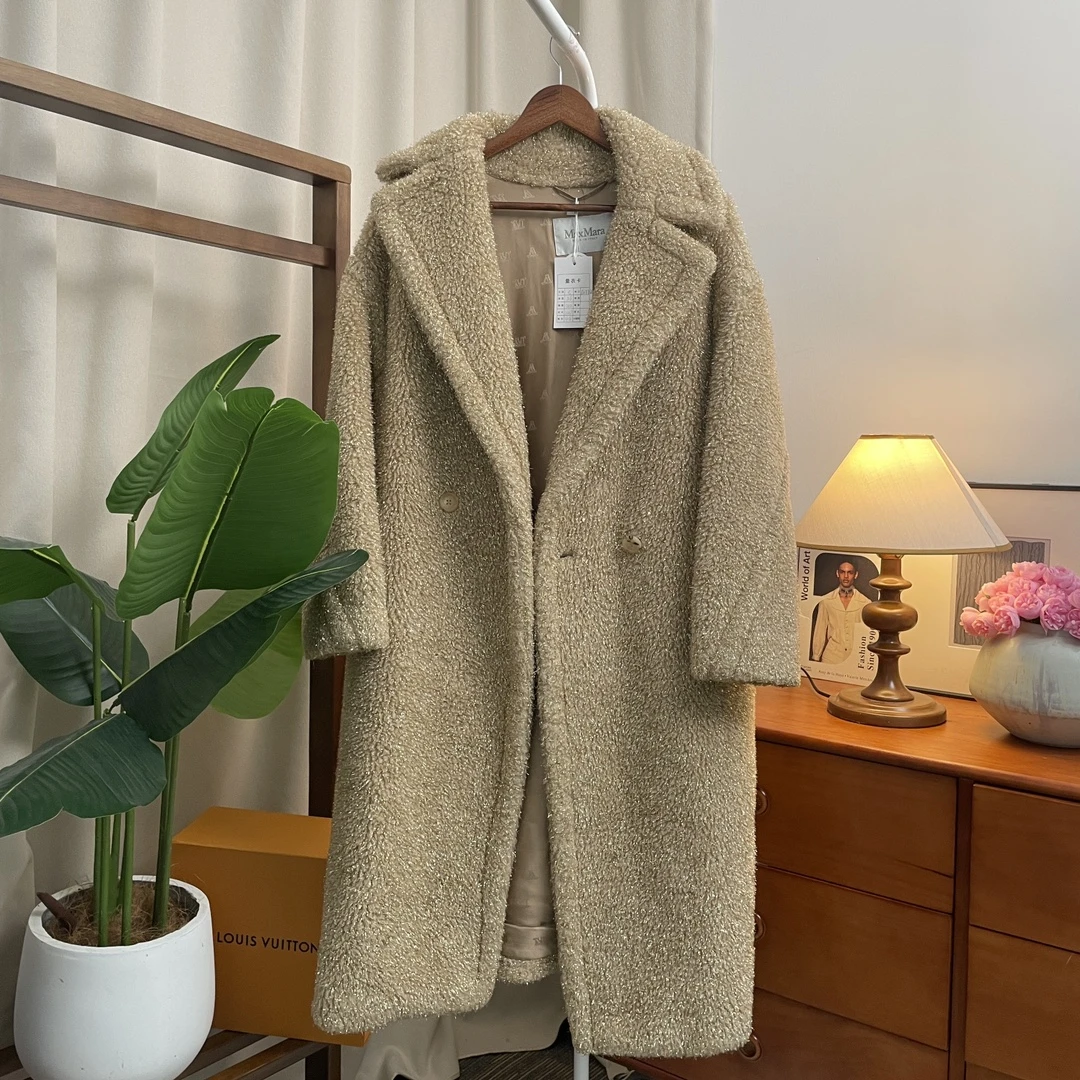 99新 MaxMara 青奢荟/S码/气质金丝卡其泰迪熊秋冬中长大衣/82742