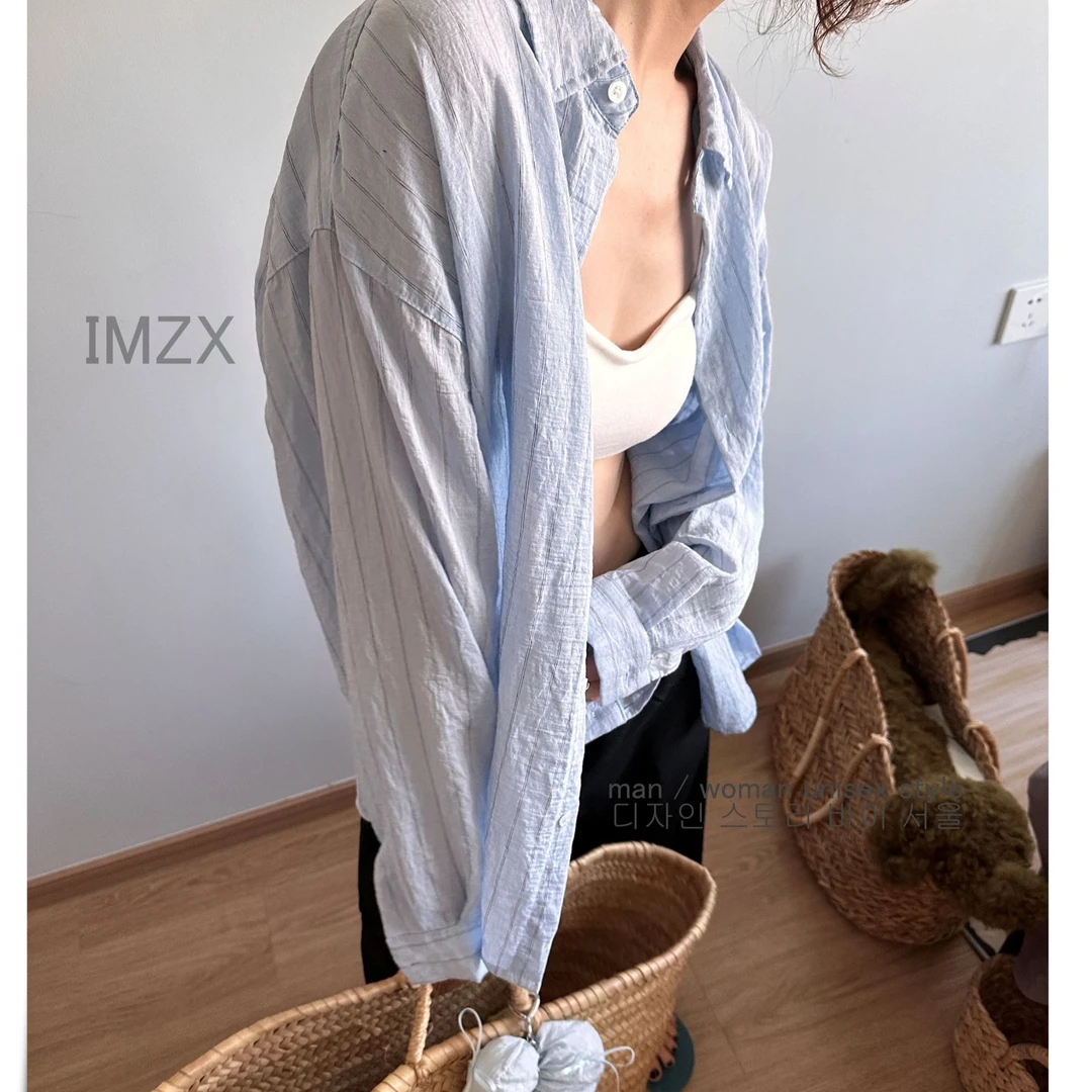 IMZX韩国欧巴服装韩系韩版棉麻休闲条纹衬衫男女微宽偏薄CK013