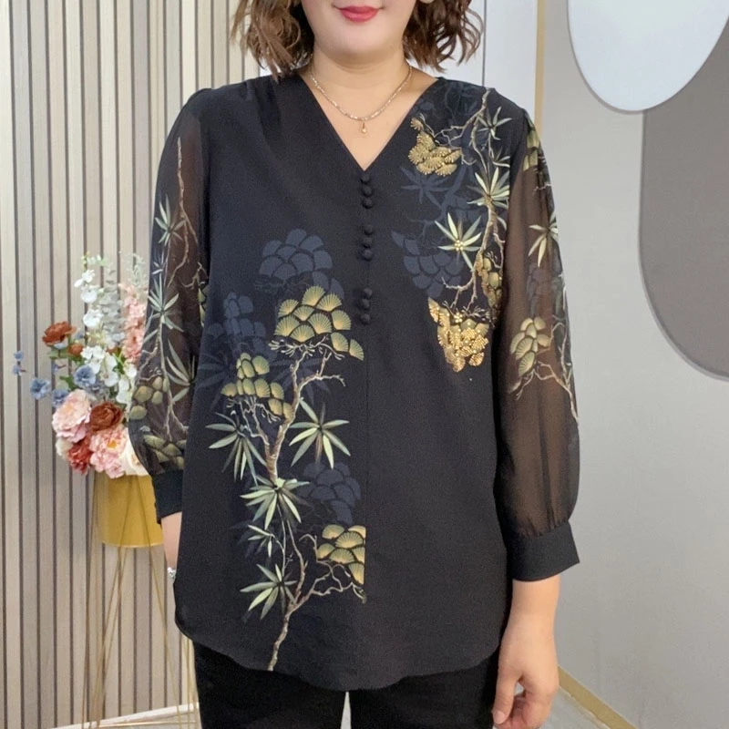 5482大码女装早秋新款衬衫琉璃双皱丝上衣显瘦宽松洋气印花小衫
