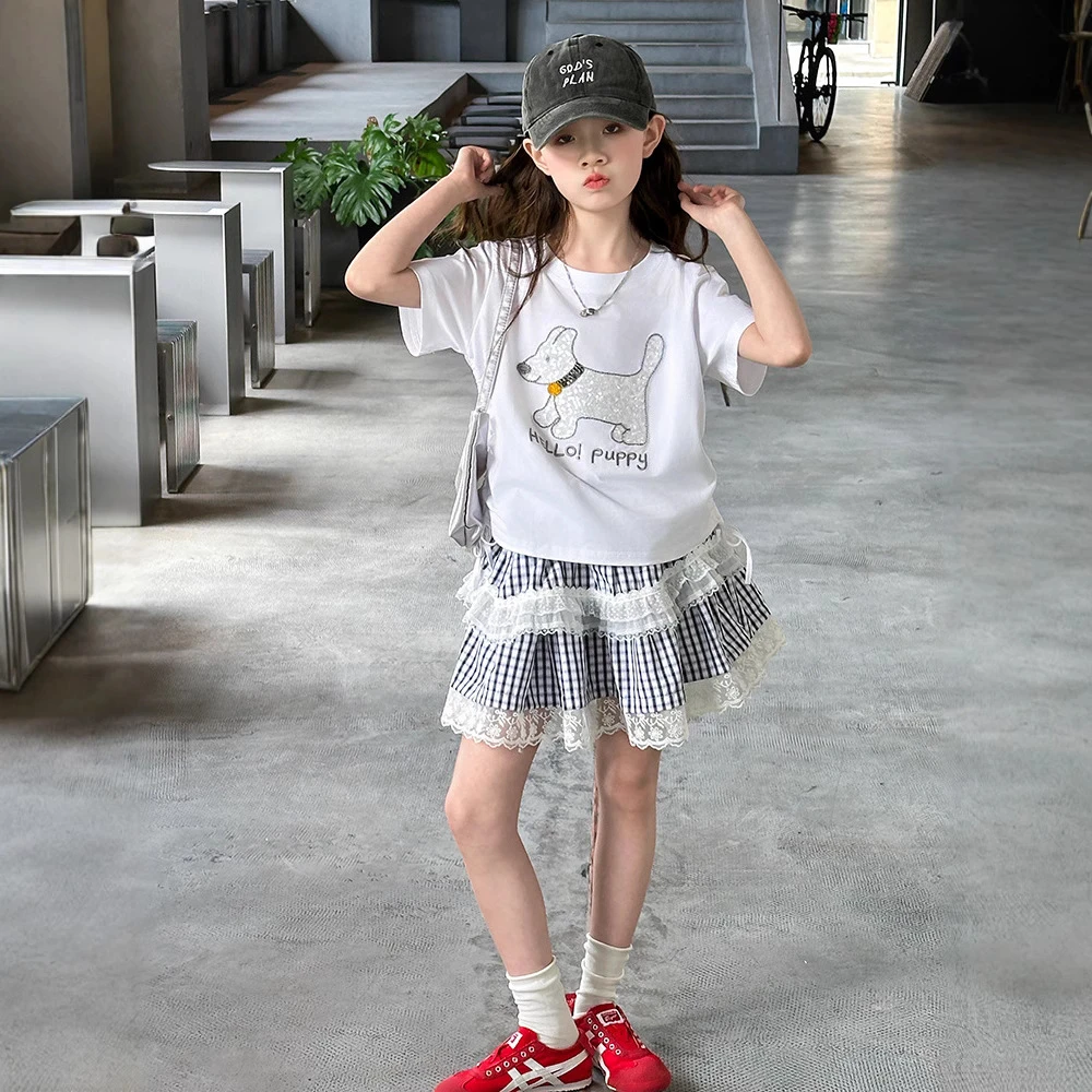 女童纯棉卡通短袖T恤女孩蕾丝花边格子半身裙夏季套装MKX5098