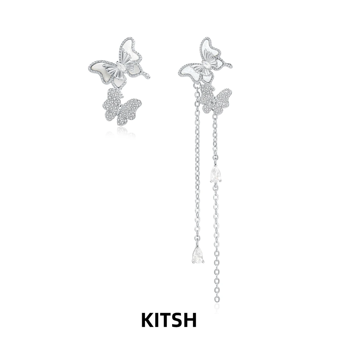 kitsh 黄铜锆石耳饰 天然贝母蝴蝶流苏耳钉女925银针不对称耳饰