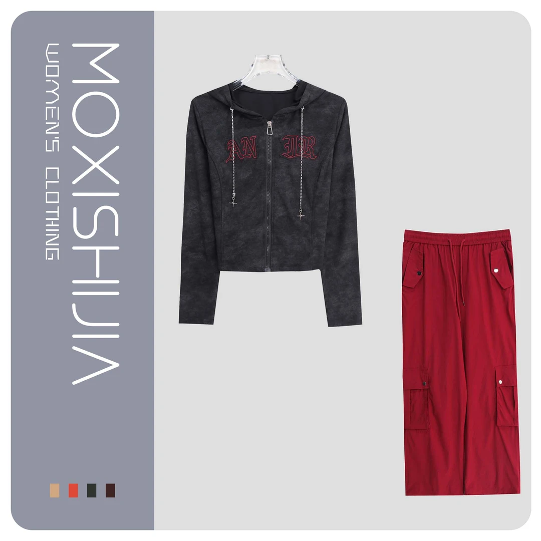 S辣妹风潮流拉链短上衣高腰工装裤套装S3565