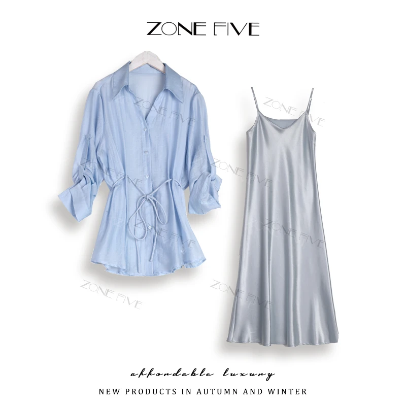 【zonefive】2025夏款时尚抽绳收腰衬衫吊带连衣裙两件套2500021