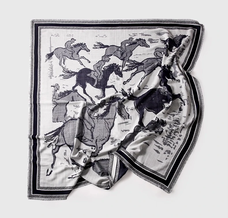 桑蚕丝+羊毛提花【水墨骏马图】双面披肩135CM披肩秋冬围巾