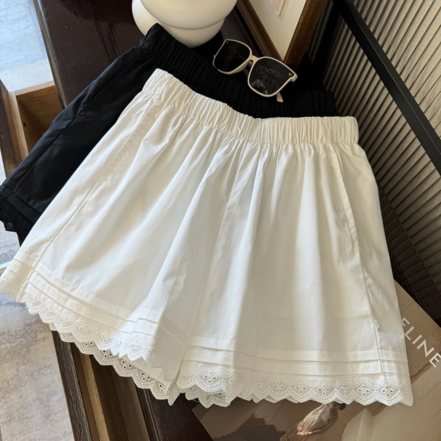 蕾丝花边白色短裤女夏季宽松高腰小个子百搭a字休闲阔腿裤外穿