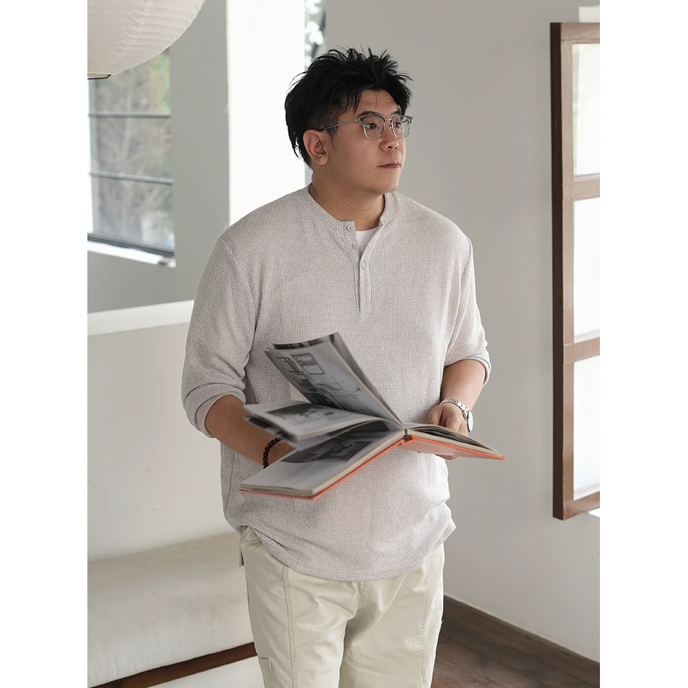 路人社 亨利领T恤男长袖针织打底衫大码男装老钱风松弛感体恤潮流