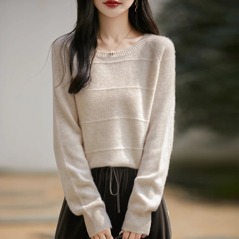 新款女简约圆领羊毛衫气质宽松插肩袖针织毛衣秋冬百搭保暖打底衫