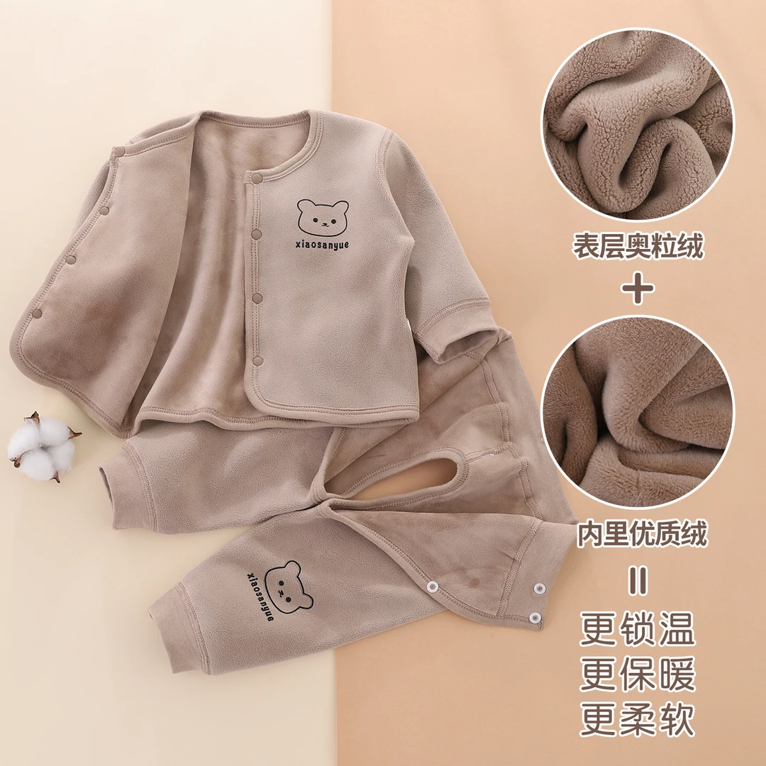 新生婴儿套装加绒加厚开裆分体两件套秋冬季宝宝开衫外套保暖裤子