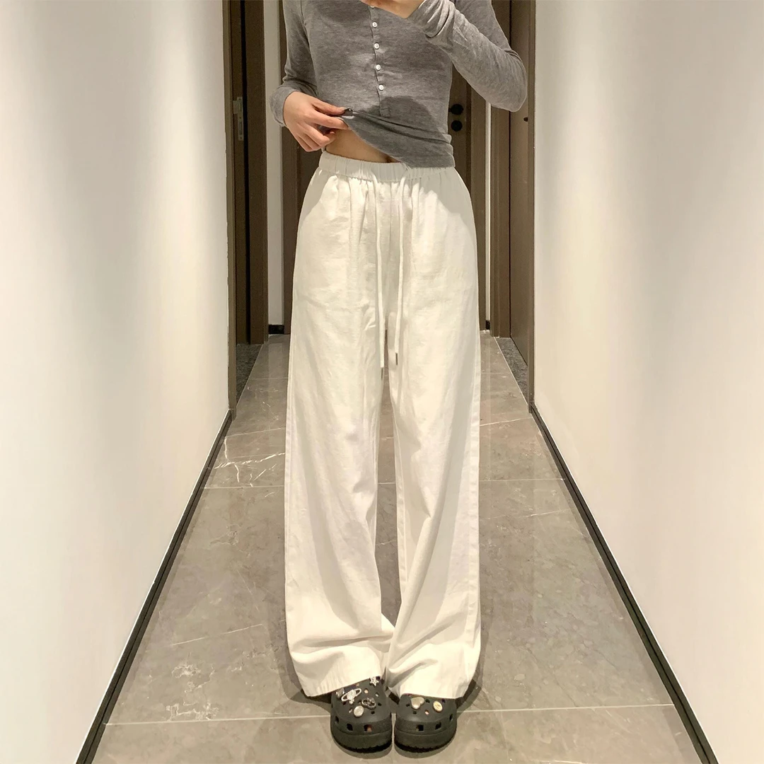 早秋薄款白色运动休闲裤女大码胖妹妹mm高腰显瘦宽松速干阔腿裤子