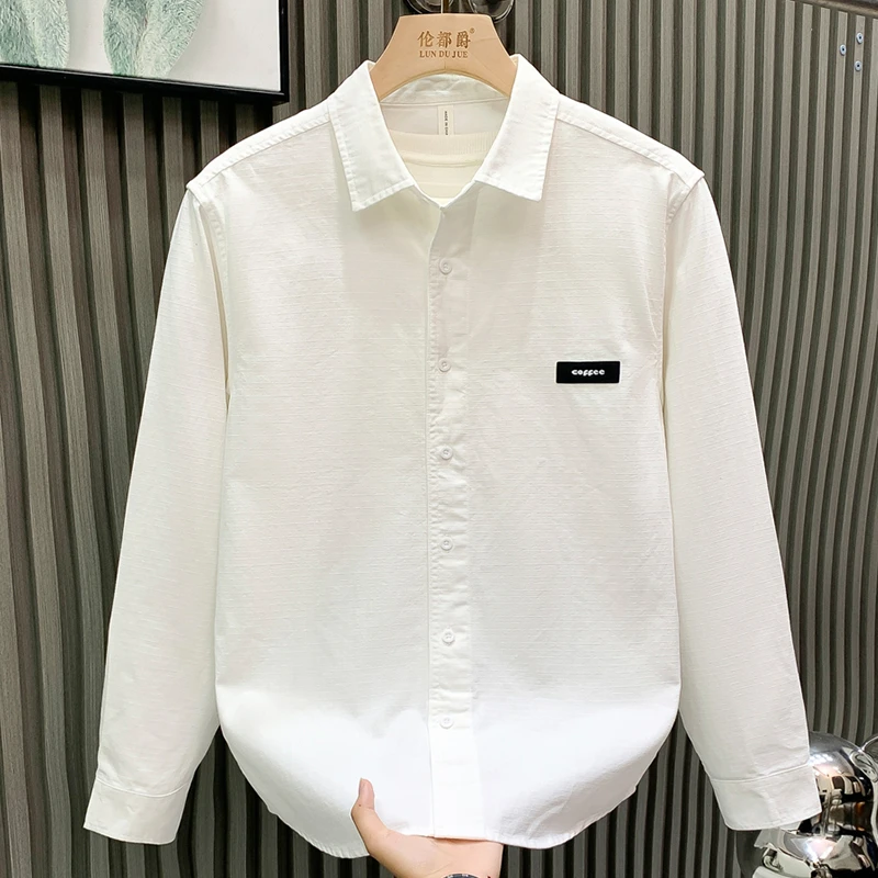高端品质男士日系休闲字母衬衫潮流秋季商务白色文艺宽松百搭衬衫