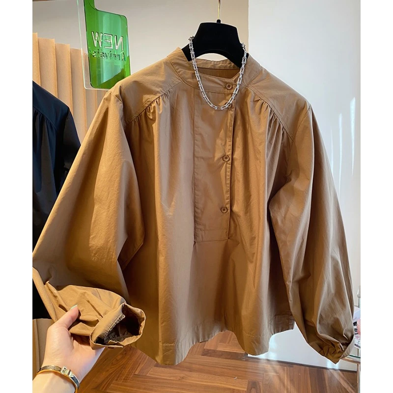 P0357轻熟气质套头衬衫女长袖设计感小众宽松休闲立领日系上衣