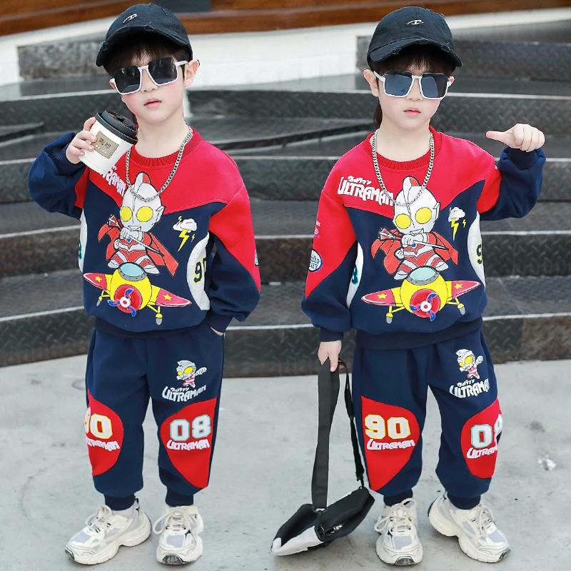 套头男童卡通动漫卡通风常规奥特曼套装长袖中大童奥特曼帅气春季