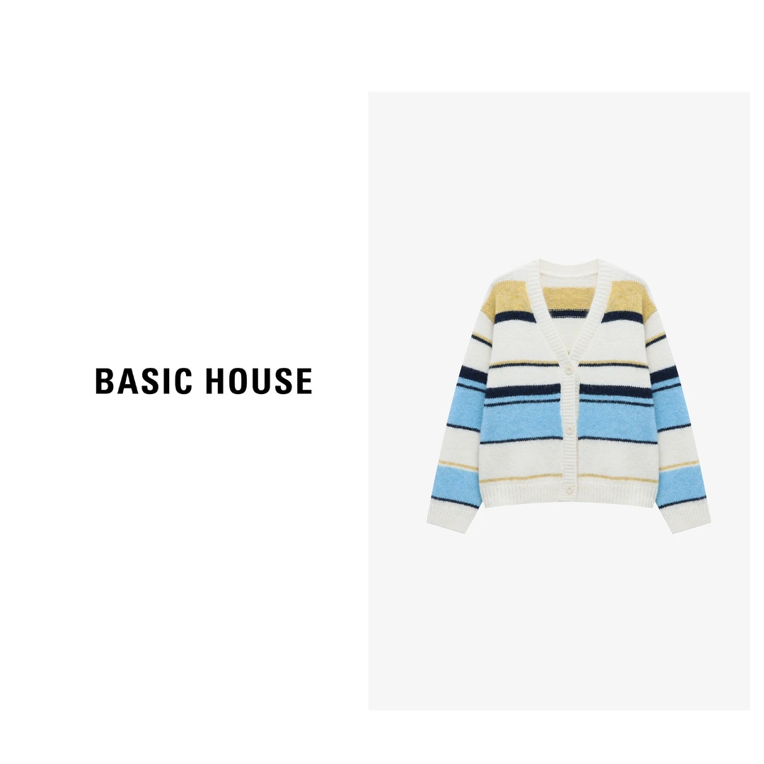 Basic House/百家好长袖时尚条纹宽松撞色休闲毛衣-B0625B5KEA2