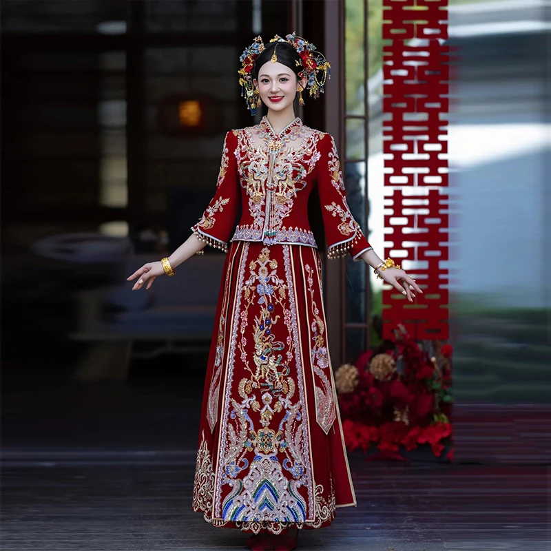 重工华丽丝绒秀禾服新娘2025新款结婚敬酒中式婚服显瘦龙凤褂嫁衣