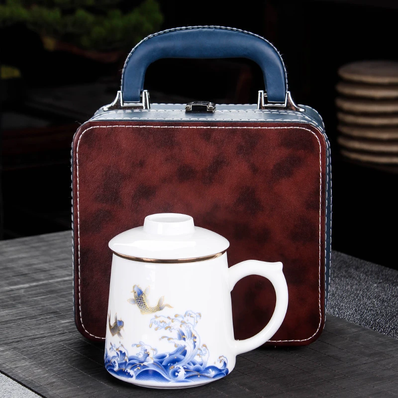 高档礼盒包装陶瓷三件杯大号带盖过滤茶水分离泡茶杯子伴手礼定制