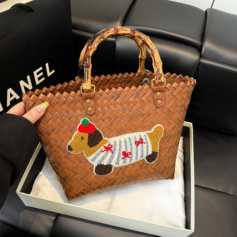 大中号木塑竹节把手咖色腊肠狗包欧美风手工编织大容量百搭手提包