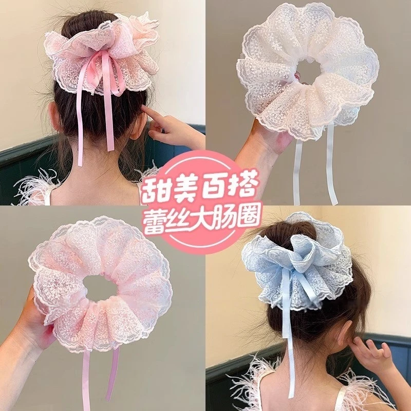 女孩法式蕾丝花边抽绳大肠发圈女童丸子头头花发绳宝宝扎马尾头绳