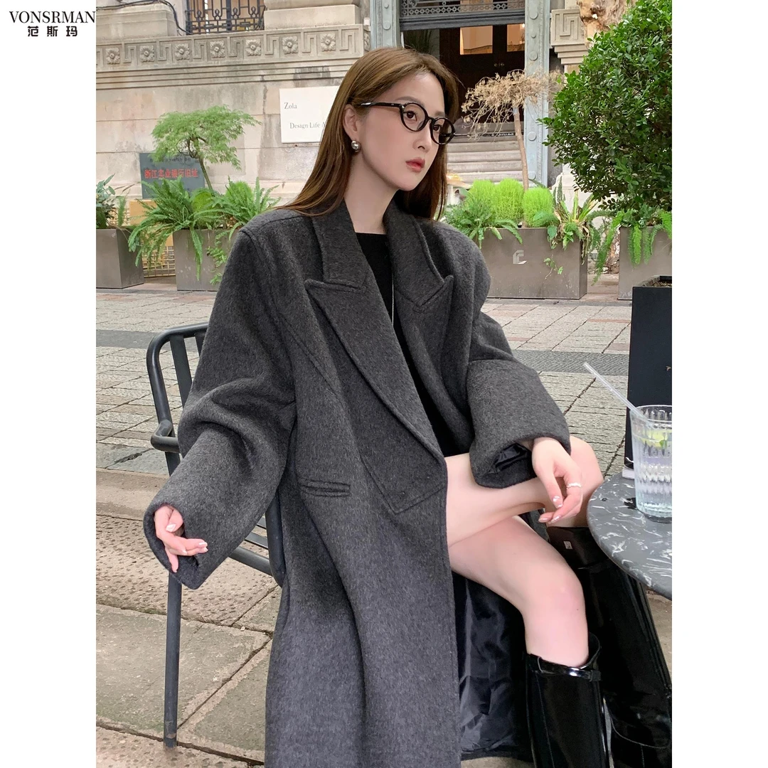范斯玛高级感灰色大衣女2025冬新款独特正肩呢子长款加厚毛呢外套