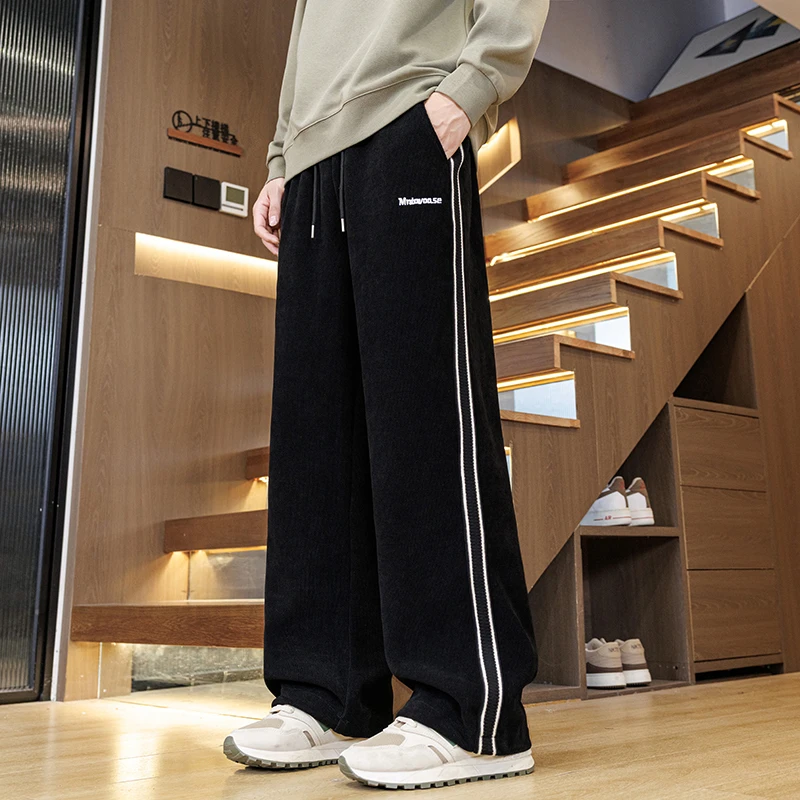 秋季新款青少年初高中学生男孩中大童直筒阔腿裤休闲裤条纹卫裤