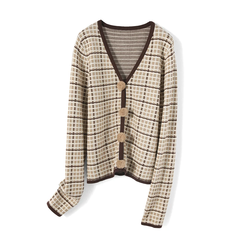 27516【麦系列】毛球纽扣格子针织衫223M7062