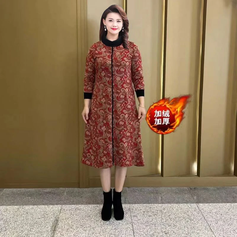 8609-春秋妈妈加绒加厚新款连衣裙中长款宽松遮肉保暖打底裙子