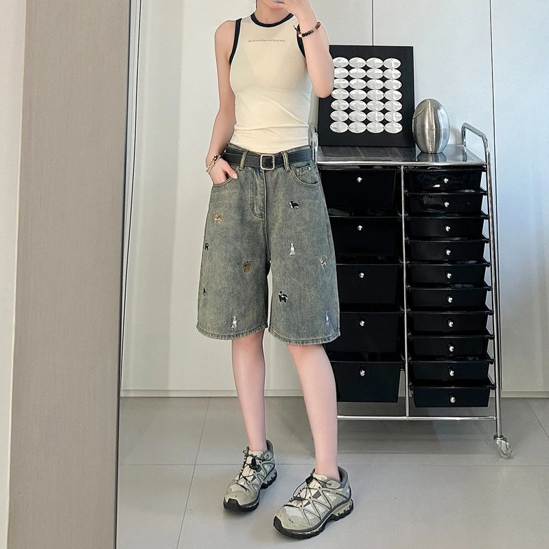 牛仔短裤男女夏季新款潮流高街休闲百搭趣味小狗刺绣宽松五分裤子