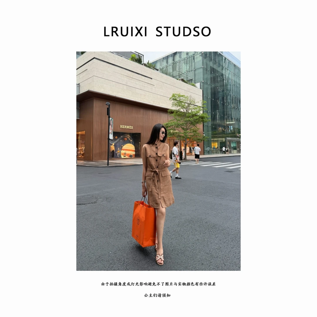 LIURUIXI-苏荷正午100亚麻气质中长连衣裙
